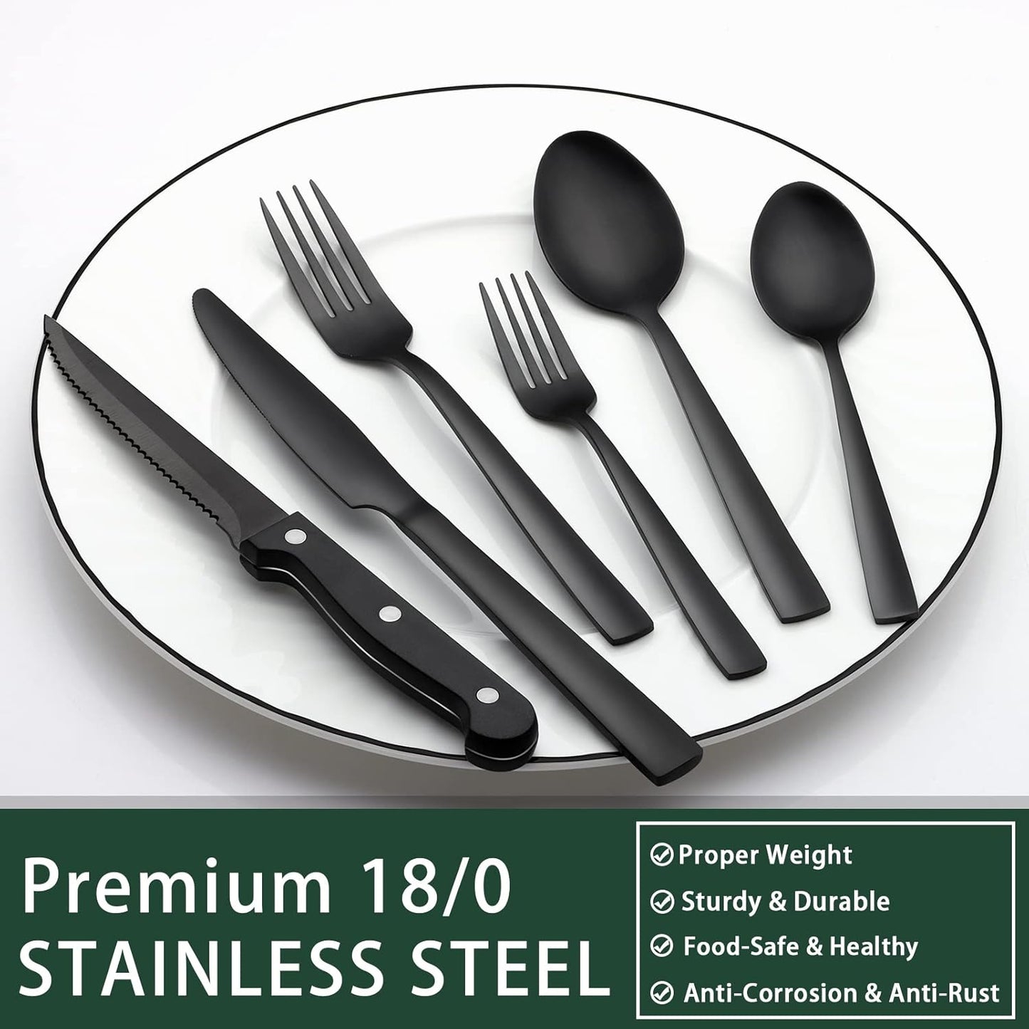 24-Piece Black Silverware Set with Steak Knives, Black Flatware Set for 4, Food-Grade Stainless Steel Tableware Cutlery Set, Mirror Finished Utensil Sets for Home Restaurant, Round Edge