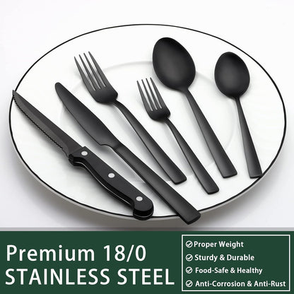 24-Piece Black Silverware Set with Steak Knives, Black Flatware Set for 4, Food-Grade Stainless Steel Tableware Cutlery Set, Mirror Finished Utensil Sets for Home Restaurant, Round Edge