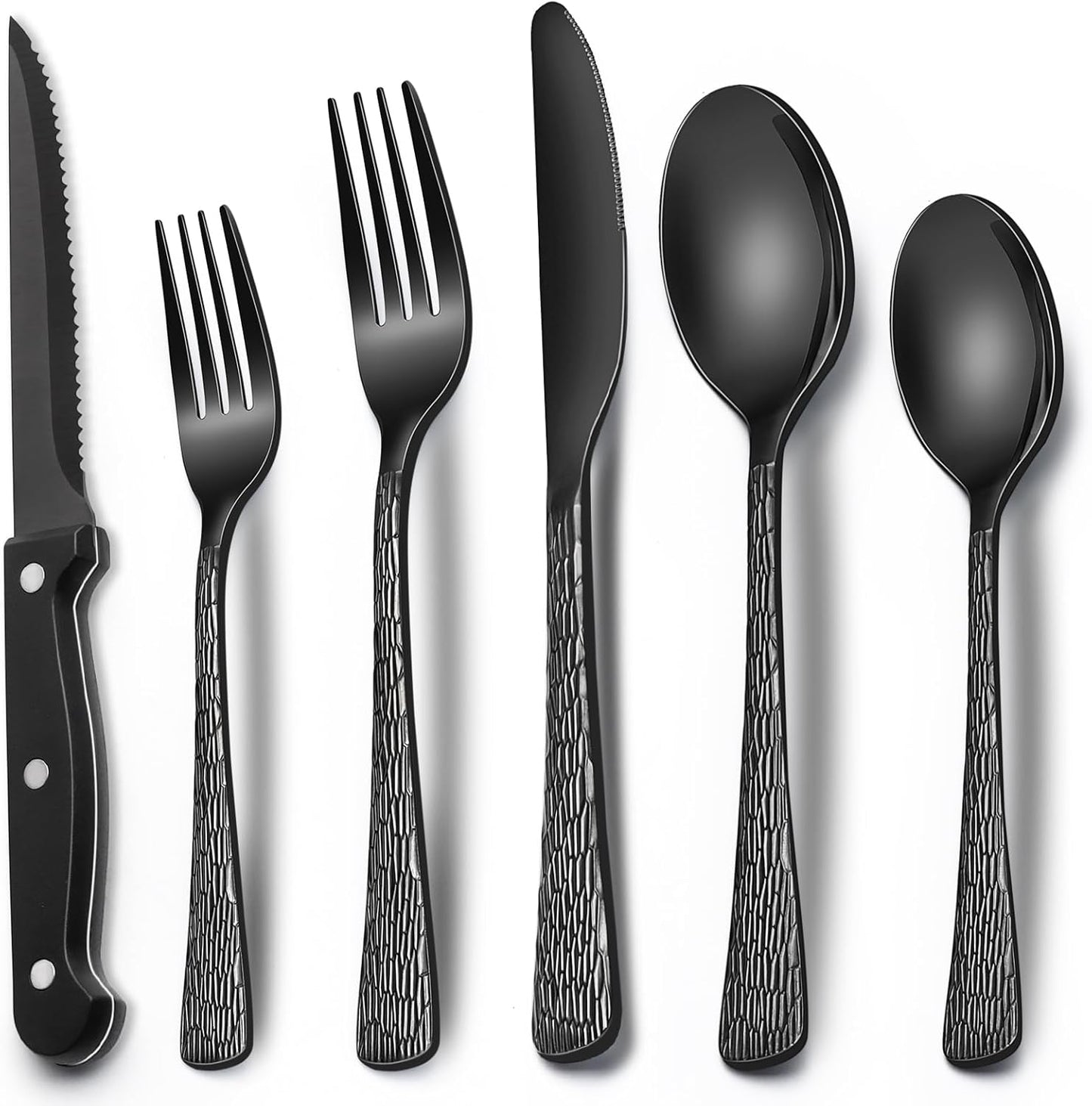 24-Piece Black Silverware Set with Steak Knives, Black Flatware Set for 4, Food-Grade Stainless Steel Tableware Cutlery Set, Mirror Finished Utensil Sets for Home Restaurant, Round Edge