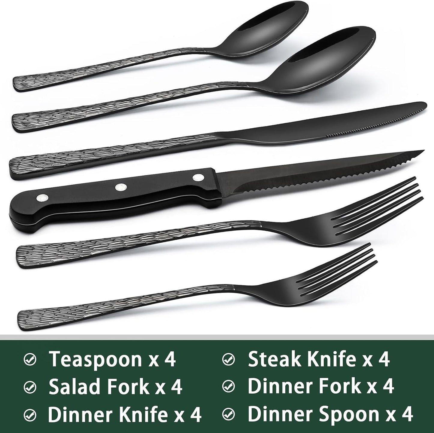 24-Piece Black Silverware Set with Steak Knives, Black Flatware Set for 4, Food-Grade Stainless Steel Tableware Cutlery Set, Mirror Finished Utensil Sets for Home Restaurant, Round Edge