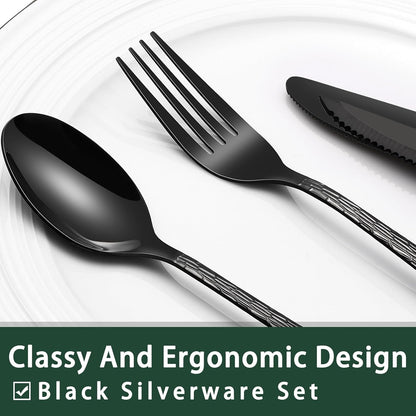 24-Piece Black Silverware Set with Steak Knives, Black Flatware Set for 4, Food-Grade Stainless Steel Tableware Cutlery Set, Mirror Finished Utensil Sets for Home Restaurant, Round Edge