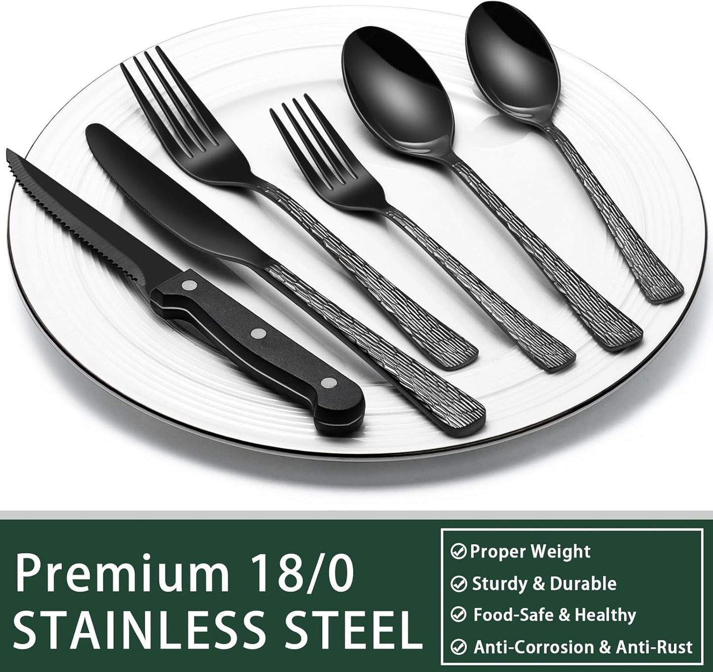 24-Piece Black Silverware Set with Steak Knives, Black Flatware Set for 4, Food-Grade Stainless Steel Tableware Cutlery Set, Mirror Finished Utensil Sets for Home Restaurant, Round Edge