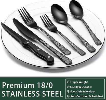 24-Piece Black Silverware Set with Steak Knives, Black Flatware Set for 4, Food-Grade Stainless Steel Tableware Cutlery Set, Mirror Finished Utensil Sets for Home Restaurant, Round Edge