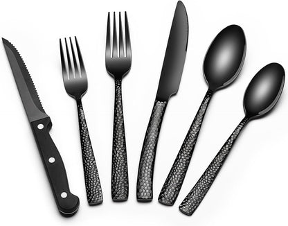 24-Piece Black Silverware Set with Steak Knives, Black Flatware Set for 4, Food-Grade Stainless Steel Tableware Cutlery Set, Mirror Finished Utensil Sets for Home Restaurant, Round Edge