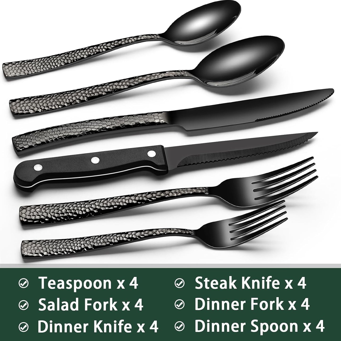 24-Piece Black Silverware Set with Steak Knives, Black Flatware Set for 4, Food-Grade Stainless Steel Tableware Cutlery Set, Mirror Finished Utensil Sets for Home Restaurant, Round Edge