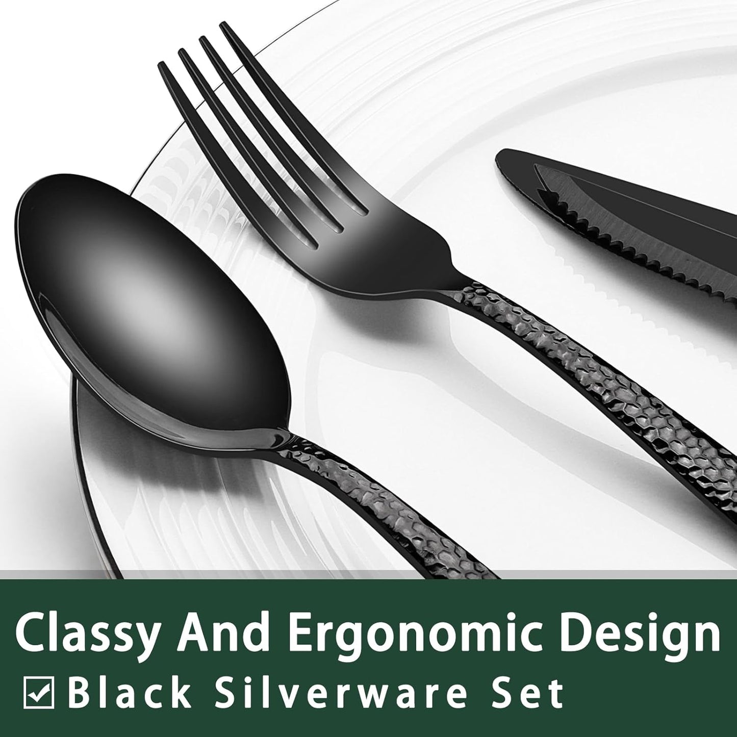 24-Piece Black Silverware Set with Steak Knives, Black Flatware Set for 4, Food-Grade Stainless Steel Tableware Cutlery Set, Mirror Finished Utensil Sets for Home Restaurant, Round Edge