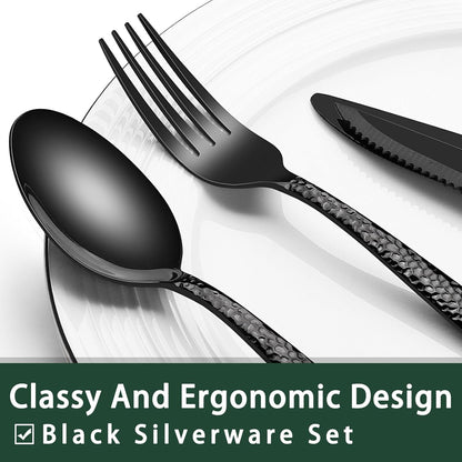 24-Piece Black Silverware Set with Steak Knives, Black Flatware Set for 4, Food-Grade Stainless Steel Tableware Cutlery Set, Mirror Finished Utensil Sets for Home Restaurant, Round Edge