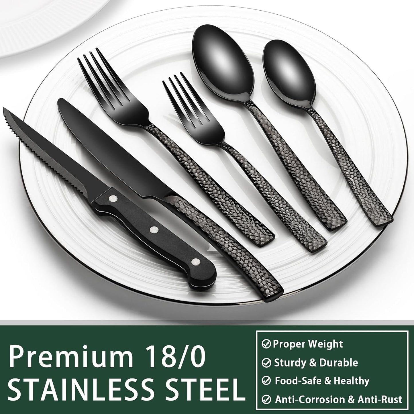 24-Piece Black Silverware Set with Steak Knives, Black Flatware Set for 4, Food-Grade Stainless Steel Tableware Cutlery Set, Mirror Finished Utensil Sets for Home Restaurant, Round Edge