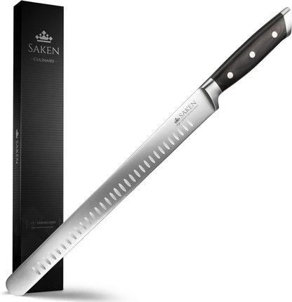 12-inch Granton Edge Slicing Knife - High-Carbon German Steel Carving Knife with Satin-Finished Black Ergonomic Handle - Multipurpose Slicing Kitchen Knife for Meat, Fish, Brisket, Veggies