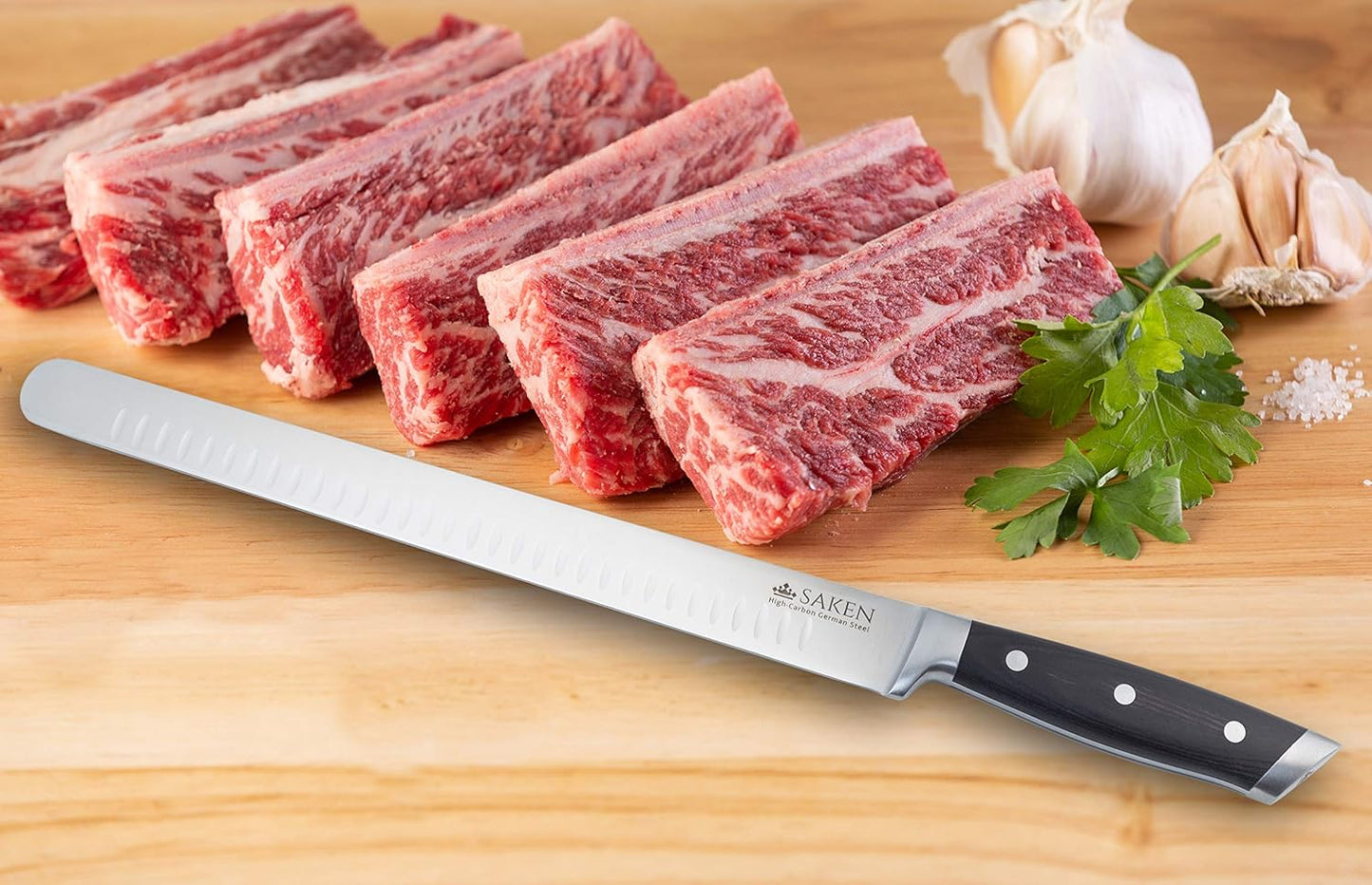 12-inch Granton Edge Slicing Knife - High-Carbon German Steel Carving Knife with Satin-Finished Black Ergonomic Handle - Multipurpose Slicing Kitchen Knife for Meat, Fish, Brisket, Veggies