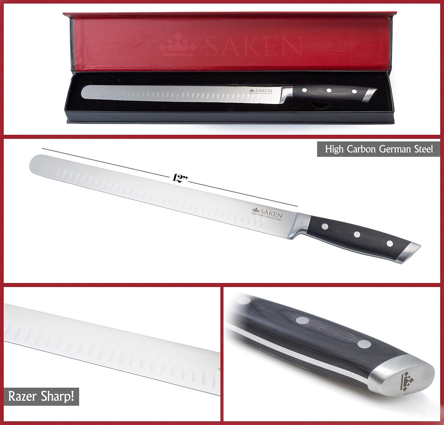 12-inch Granton Edge Slicing Knife - High-Carbon German Steel Carving Knife with Satin-Finished Black Ergonomic Handle - Multipurpose Slicing Kitchen Knife for Meat, Fish, Brisket, Veggies