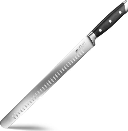 12-inch Granton Edge Slicing Knife - High-Carbon German Steel Carving Knife with Satin-Finished Black Ergonomic Handle - Multipurpose Slicing Kitchen Knife for Meat, Fish, Brisket, Veggies