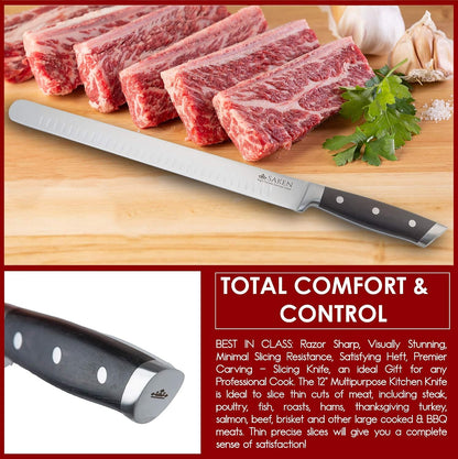 12-inch Granton Edge Slicing Knife - High-Carbon German Steel Carving Knife with Satin-Finished Black Ergonomic Handle - Multipurpose Slicing Kitchen Knife for Meat, Fish, Brisket, Veggies