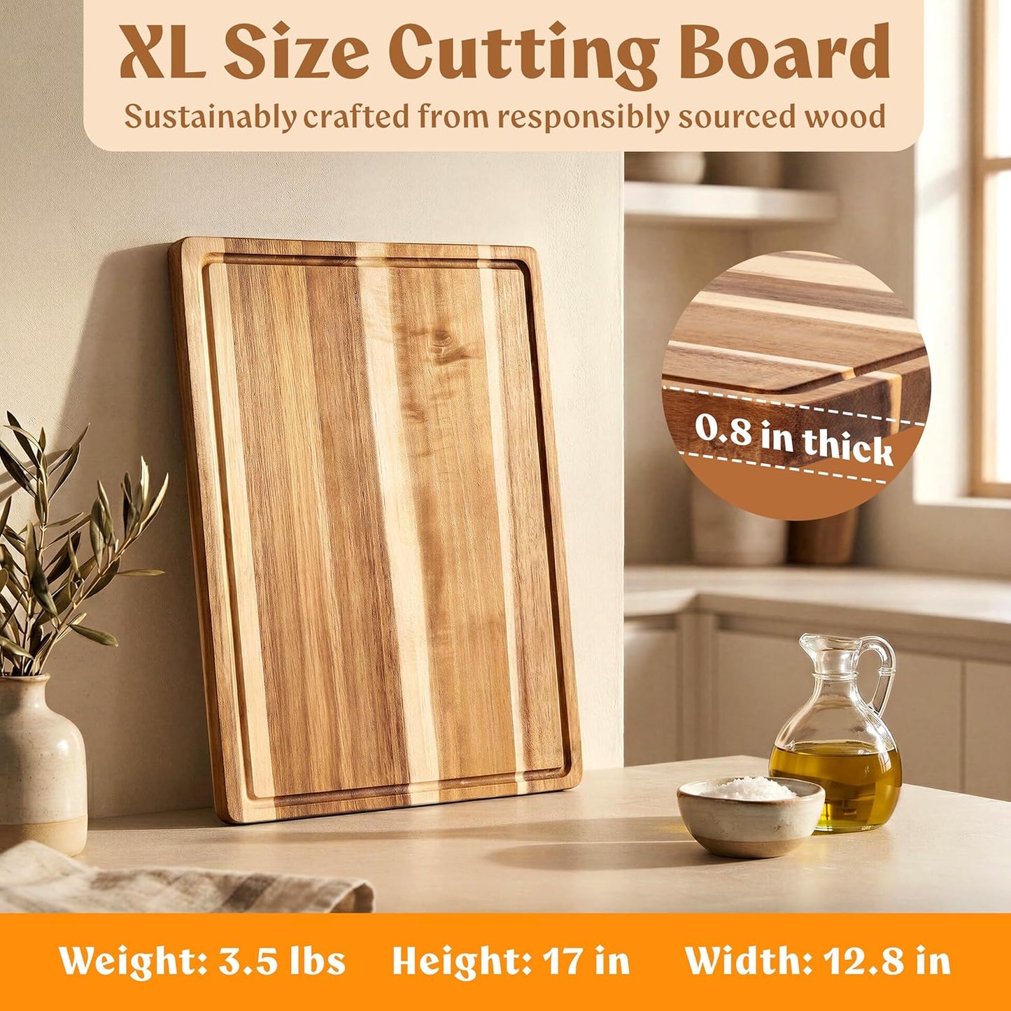 Acacia Wood Cutting Board for Kitchen, Non-Toxic Cutting Board Set of 3, Chopping Boards with Deep Juice Groove for Meat, Cheese & Vegetables - Durable & Double sided with serving Compartments