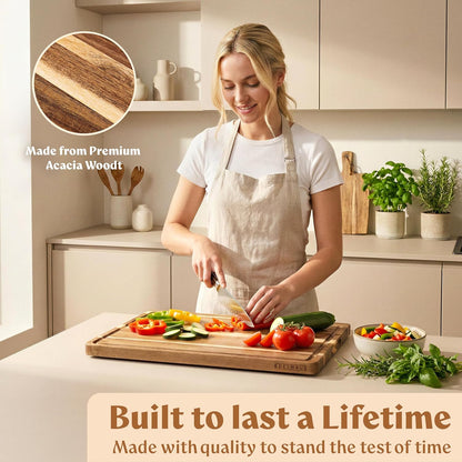 Acacia Wood Cutting Board for Kitchen, Non-Toxic Cutting Board Set of 3, Chopping Boards with Deep Juice Groove for Meat, Cheese & Vegetables - Durable & Double sided with serving Compartments