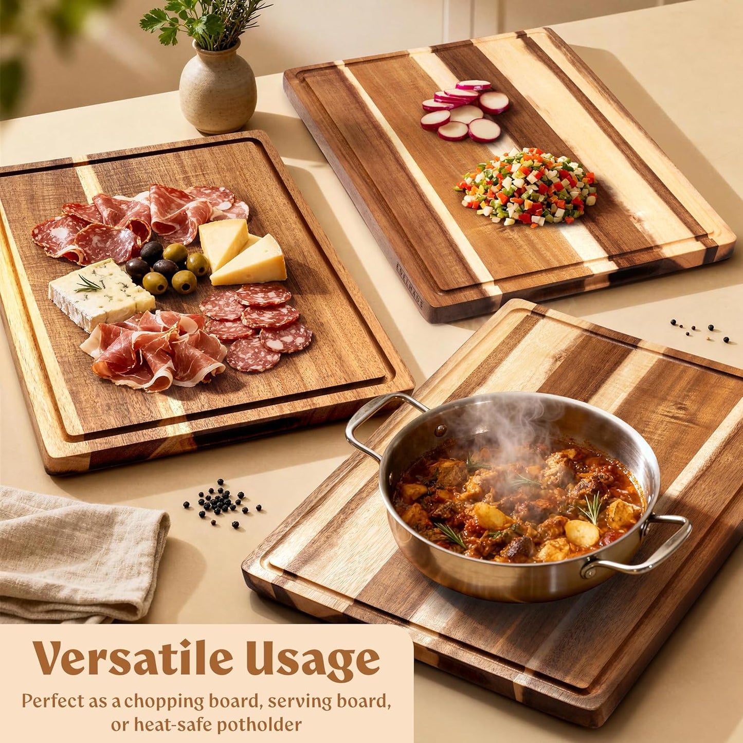 Acacia Wood Cutting Board for Kitchen, Non-Toxic Cutting Board Set of 3, Chopping Boards with Deep Juice Groove for Meat, Cheese & Vegetables - Durable & Double sided with serving Compartments