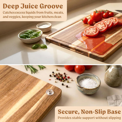 Acacia Wood Cutting Board for Kitchen, Non-Toxic Cutting Board Set of 3, Chopping Boards with Deep Juice Groove for Meat, Cheese & Vegetables - Durable & Double sided with serving Compartments