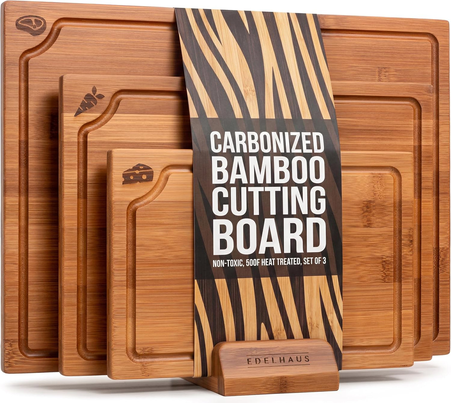 Acacia Wood Cutting Board for Kitchen, Non-Toxic Cutting Board Set of 3, Chopping Boards with Deep Juice Groove for Meat, Cheese & Vegetables - Durable & Double sided with serving Compartments