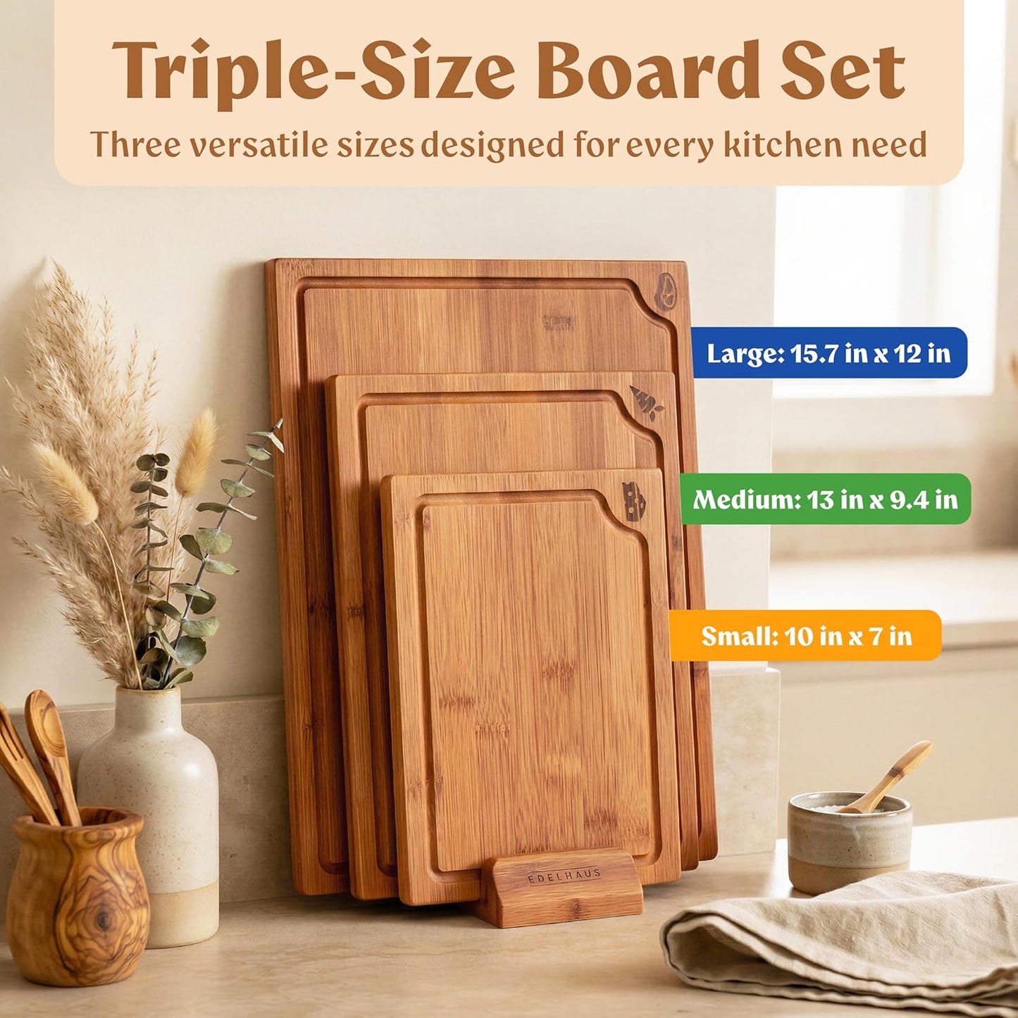 Acacia Wood Cutting Board for Kitchen, Non-Toxic Cutting Board Set of 3, Chopping Boards with Deep Juice Groove for Meat, Cheese & Vegetables - Durable & Double sided with serving Compartments