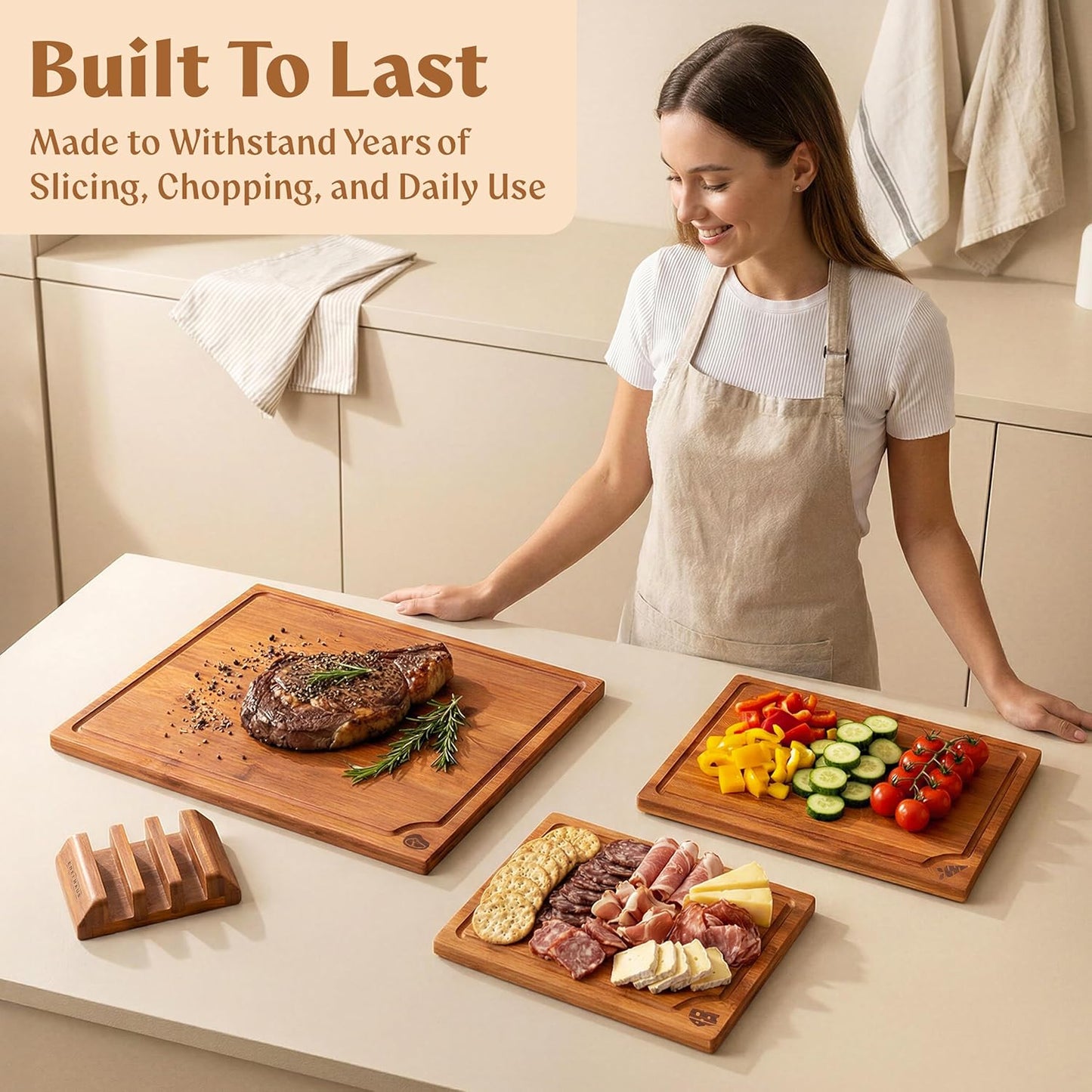 Acacia Wood Cutting Board for Kitchen, Non-Toxic Cutting Board Set of 3, Chopping Boards with Deep Juice Groove for Meat, Cheese & Vegetables - Durable & Double sided with serving Compartments