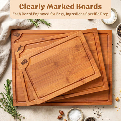 Acacia Wood Cutting Board for Kitchen, Non-Toxic Cutting Board Set of 3, Chopping Boards with Deep Juice Groove for Meat, Cheese & Vegetables - Durable & Double sided with serving Compartments