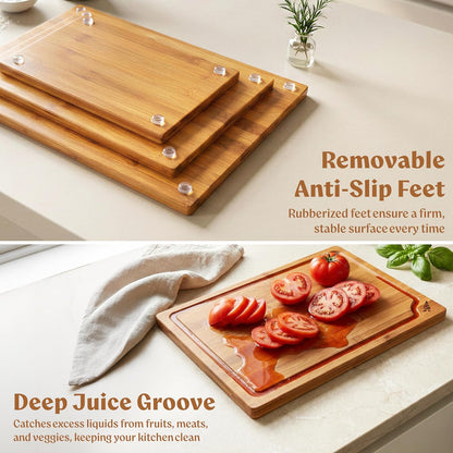 Acacia Wood Cutting Board for Kitchen, Non-Toxic Cutting Board Set of 3, Chopping Boards with Deep Juice Groove for Meat, Cheese & Vegetables - Durable & Double sided with serving Compartments