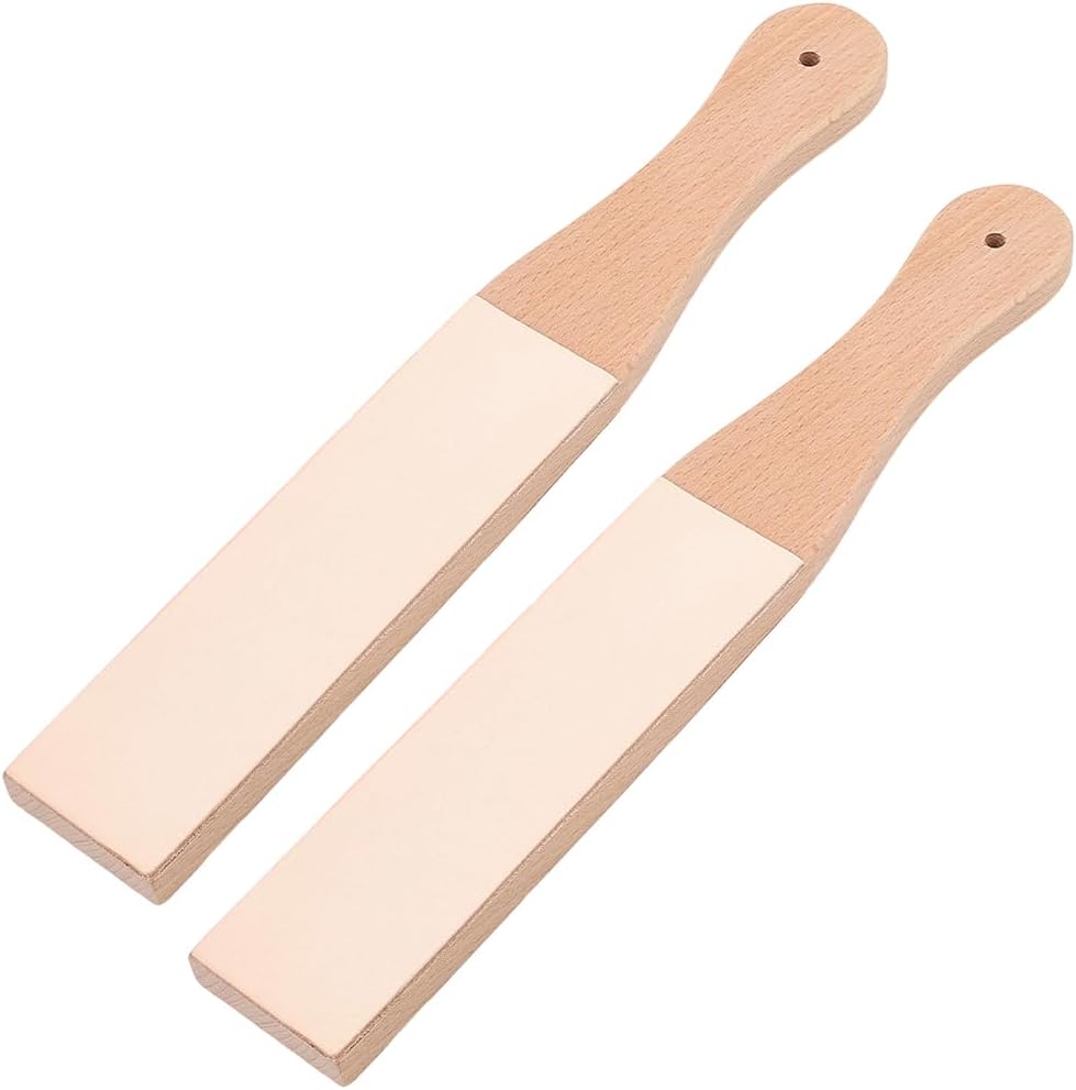 2PCS 11.06 x 1.69 Inch Leather Honing Strop Sharpener for Knife Sharpening Small Double-Sided Beech Wood Leather Strop with Ergonomic Handle Block Polishing Woodcarving Tools for Polish