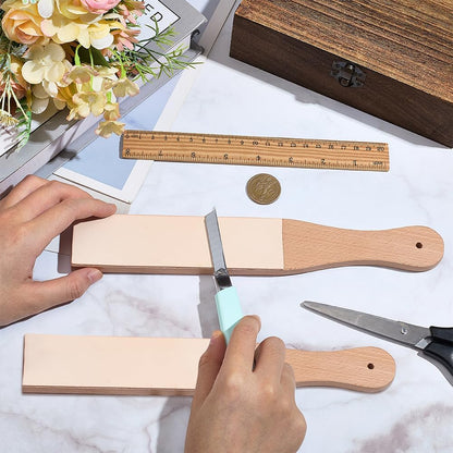 2PCS 11.06 x 1.69 Inch Leather Honing Strop Sharpener for Knife Sharpening Small Double-Sided Beech Wood Leather Strop with Ergonomic Handle Block Polishing Woodcarving Tools for Polish