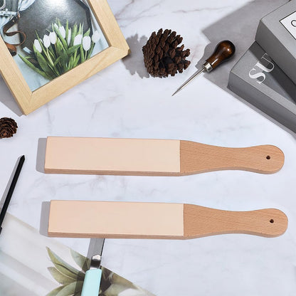 2PCS 11.06 x 1.69 Inch Leather Honing Strop Sharpener for Knife Sharpening Small Double-Sided Beech Wood Leather Strop with Ergonomic Handle Block Polishing Woodcarving Tools for Polish