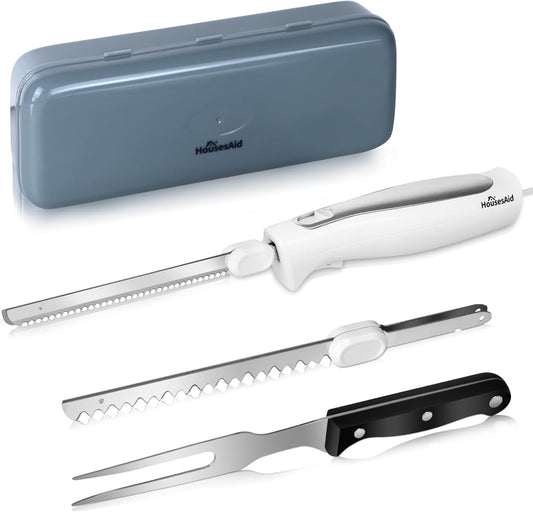 Electric Knife,Wired Electric Carving Knife Set with Two Serrated Stainless Steel Blades,Carving Fork,with Non Slip Handle,Safety Lock and Storage Case for Meat,Bread,Other and Foods