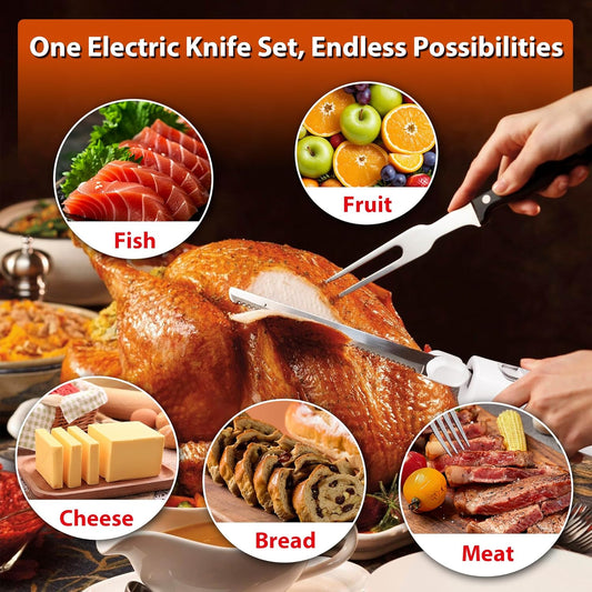 Electric Knife,Wired Electric Carving Knife Set with Two Serrated Stainless Steel Blades,Carving Fork,with Non Slip Handle,Safety Lock and Storage Case for Meat,Bread,Other and Foods