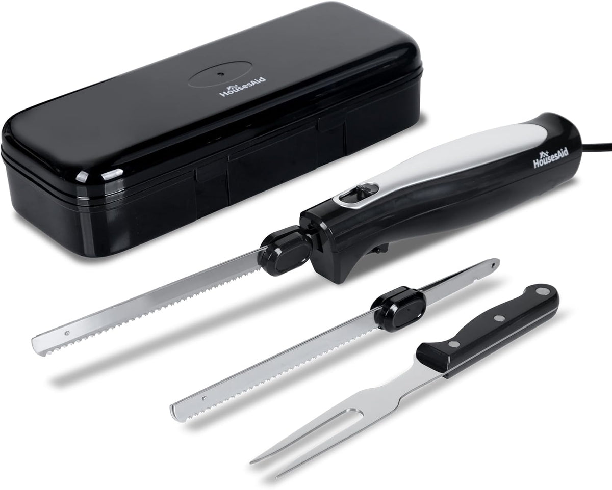 Electric Knife,Wired Electric Carving Knife Set with Two Serrated Stainless Steel Blades,Carving Fork,with Non Slip Handle,Safety Lock and Storage Case for Meat,Bread,Other and Foods