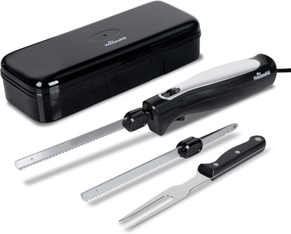 Electric Knife,Wired Electric Carving Knife Set with Two Serrated Stainless Steel Blades,Carving Fork,with Non Slip Handle,Safety Lock and Storage Case for Meat,Bread,Other and Foods