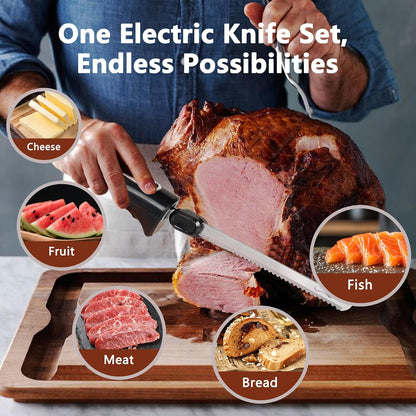 Electric Knife,Wired Electric Carving Knife Set with Two Serrated Stainless Steel Blades,Carving Fork,with Non Slip Handle,Safety Lock and Storage Case for Meat,Bread,Other and Foods