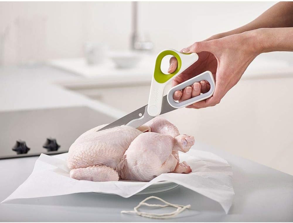 PowerGrip Kitchen Shears Scissors with Thumb Grip and Herb Stripper Separates for Cleaning Japanese Stainless-Steel, White/Green