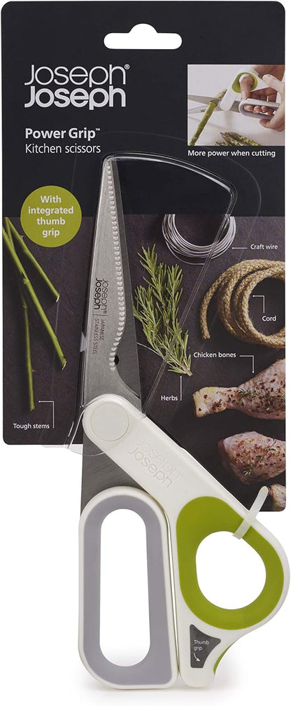 PowerGrip Kitchen Shears Scissors with Thumb Grip and Herb Stripper Separates for Cleaning Japanese Stainless-Steel, White/Green