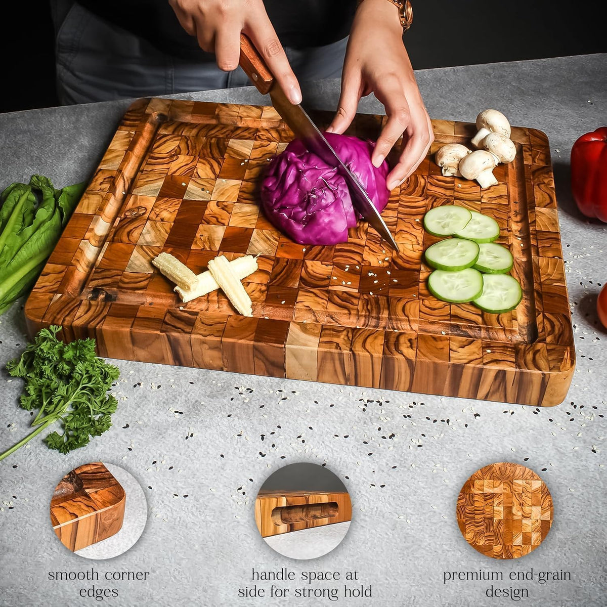Premium End Grain Wood Cutting Board 16x12 – Large Reversible Butcher Block with Juice Groove, Side Handles, Smooth Corners, christmas,new year, thanksgiving