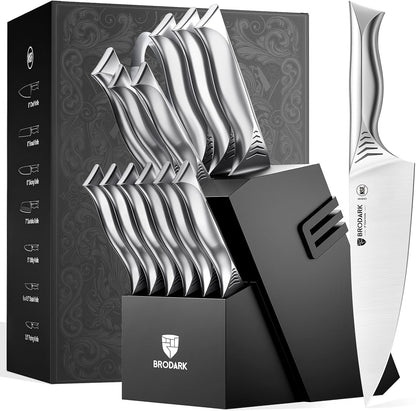 15PCS Kitchen Knife Set with Block and Built-in Sharpener, Shark | High Carbon Stainless Steel knives, Sharp Knife Block Set, One-Piece Design Ergonomic Handle Non Slip, For Cooking & Gifting
