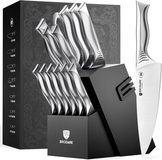 15PCS Kitchen Knife Set with Block and Built-in Sharpener, Shark | High Carbon Stainless Steel knives, Sharp Knife Block Set, One-Piece Design Ergonomic Handle Non Slip, For Cooking & Gifting