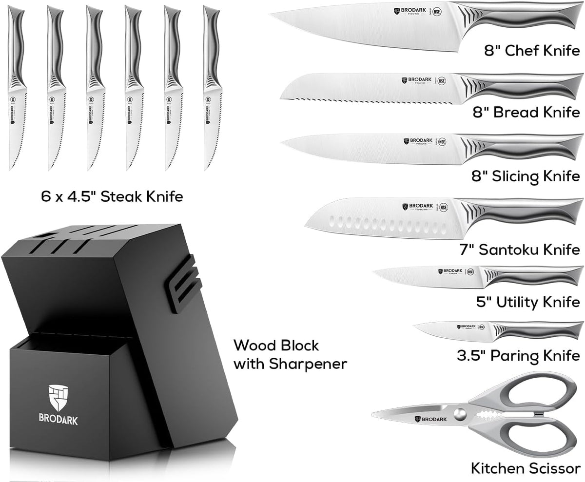 15PCS Kitchen Knife Set with Block and Built-in Sharpener, Shark | High Carbon Stainless Steel knives, Sharp Knife Block Set, One-Piece Design Ergonomic Handle Non Slip, For Cooking & Gifting