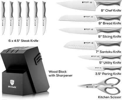 15PCS Kitchen Knife Set with Block and Built-in Sharpener, Shark | High Carbon Stainless Steel knives, Sharp Knife Block Set, One-Piece Design Ergonomic Handle Non Slip, For Cooking & Gifting