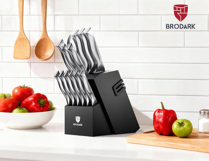 15PCS Kitchen Knife Set with Block and Built-in Sharpener, Shark | High Carbon Stainless Steel knives, Sharp Knife Block Set, One-Piece Design Ergonomic Handle Non Slip, For Cooking & Gifting
