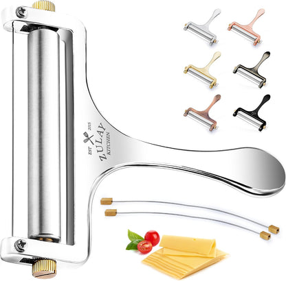 Stainless Steel Wire Cheese Slicer - Adjustable Hand Held Cheese Cutter with 2 Extra Wires - Premium Cheese Knife for Mozzarella, Cheddar, Gruyere - Cheese Cutter with Wire (Silver)