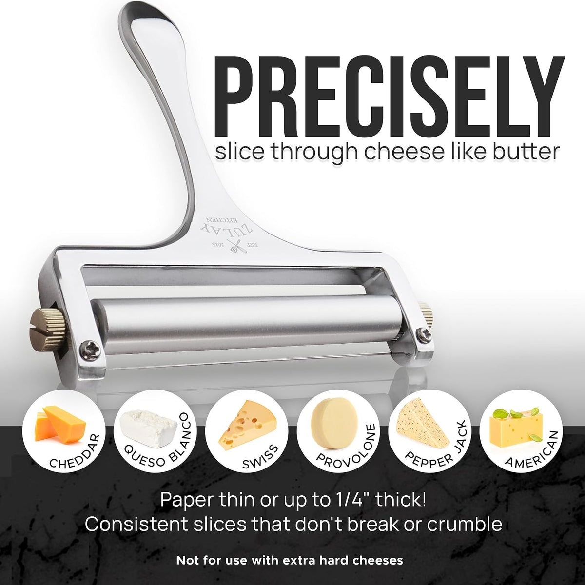 Stainless Steel Wire Cheese Slicer - Adjustable Hand Held Cheese Cutter with 2 Extra Wires - Premium Cheese Knife for Mozzarella, Cheddar, Gruyere - Cheese Cutter with Wire (Silver)