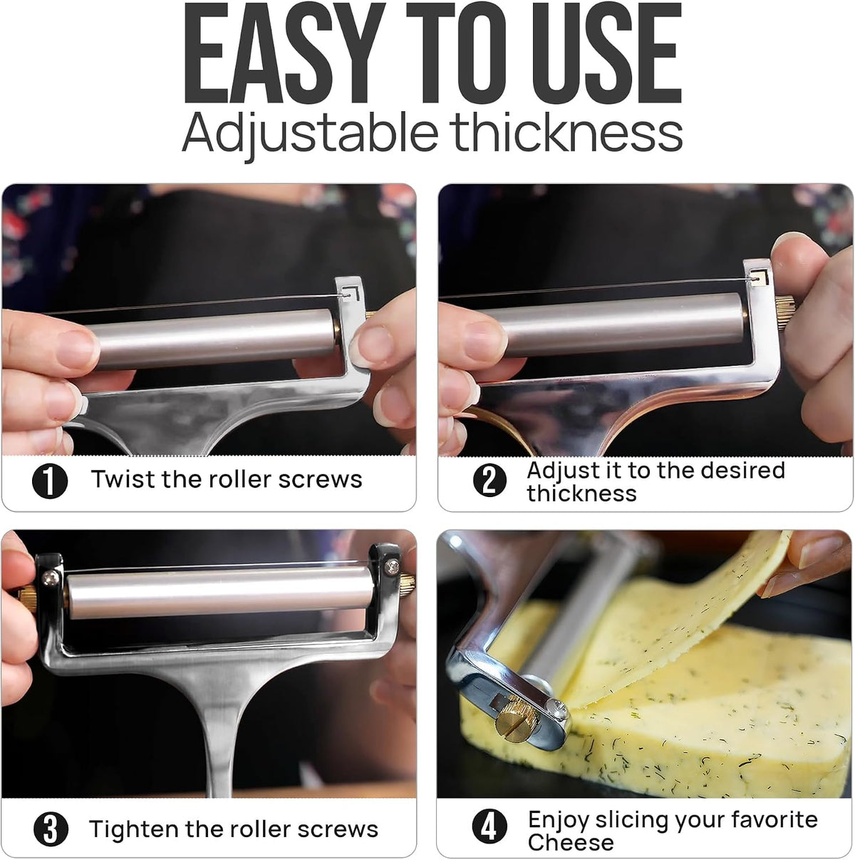 Stainless Steel Wire Cheese Slicer - Adjustable Hand Held Cheese Cutter with 2 Extra Wires - Premium Cheese Knife for Mozzarella, Cheddar, Gruyere - Cheese Cutter with Wire (Silver)