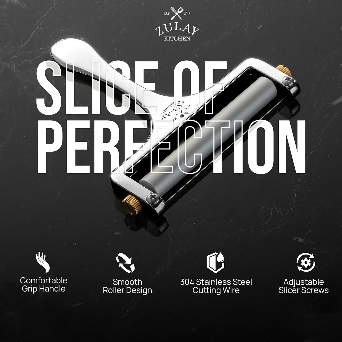 Stainless Steel Wire Cheese Slicer - Adjustable Hand Held Cheese Cutter with 2 Extra Wires - Premium Cheese Knife for Mozzarella, Cheddar, Gruyere - Cheese Cutter with Wire (Silver)