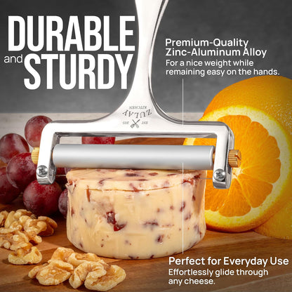 Stainless Steel Wire Cheese Slicer - Adjustable Hand Held Cheese Cutter with 2 Extra Wires - Premium Cheese Knife for Mozzarella, Cheddar, Gruyere - Cheese Cutter with Wire (Silver)