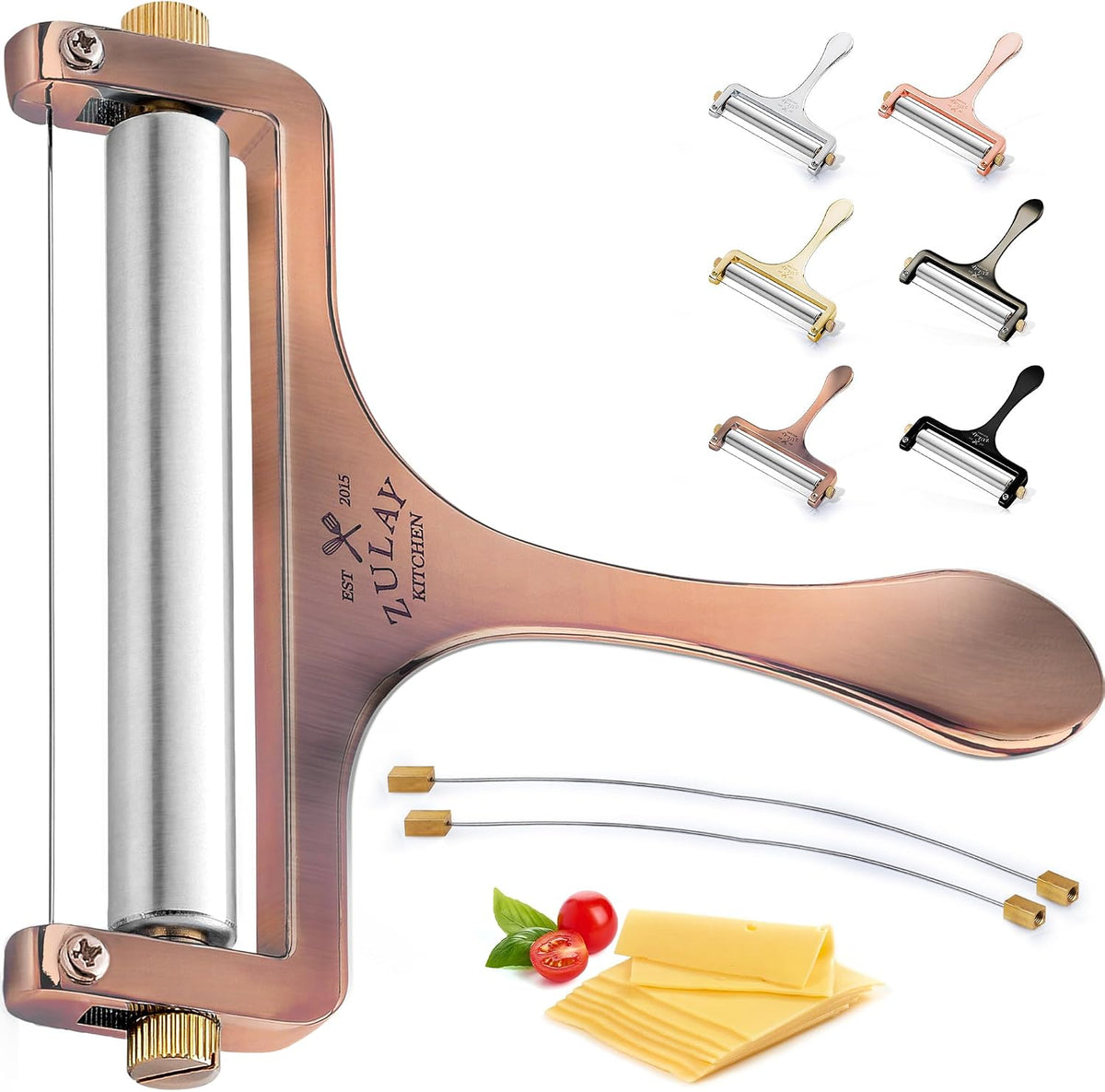 Stainless Steel Wire Cheese Slicer - Adjustable Hand Held Cheese Cutter with 2 Extra Wires - Premium Cheese Knife for Mozzarella, Cheddar, Gruyere - Cheese Cutter with Wire (Silver)