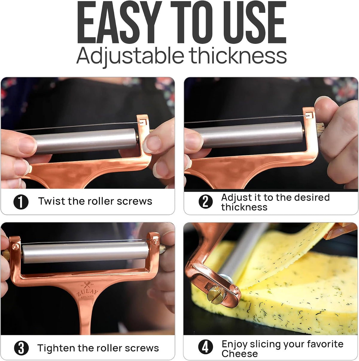 Stainless Steel Wire Cheese Slicer - Adjustable Hand Held Cheese Cutter with 2 Extra Wires - Premium Cheese Knife for Mozzarella, Cheddar, Gruyere - Cheese Cutter with Wire (Silver)