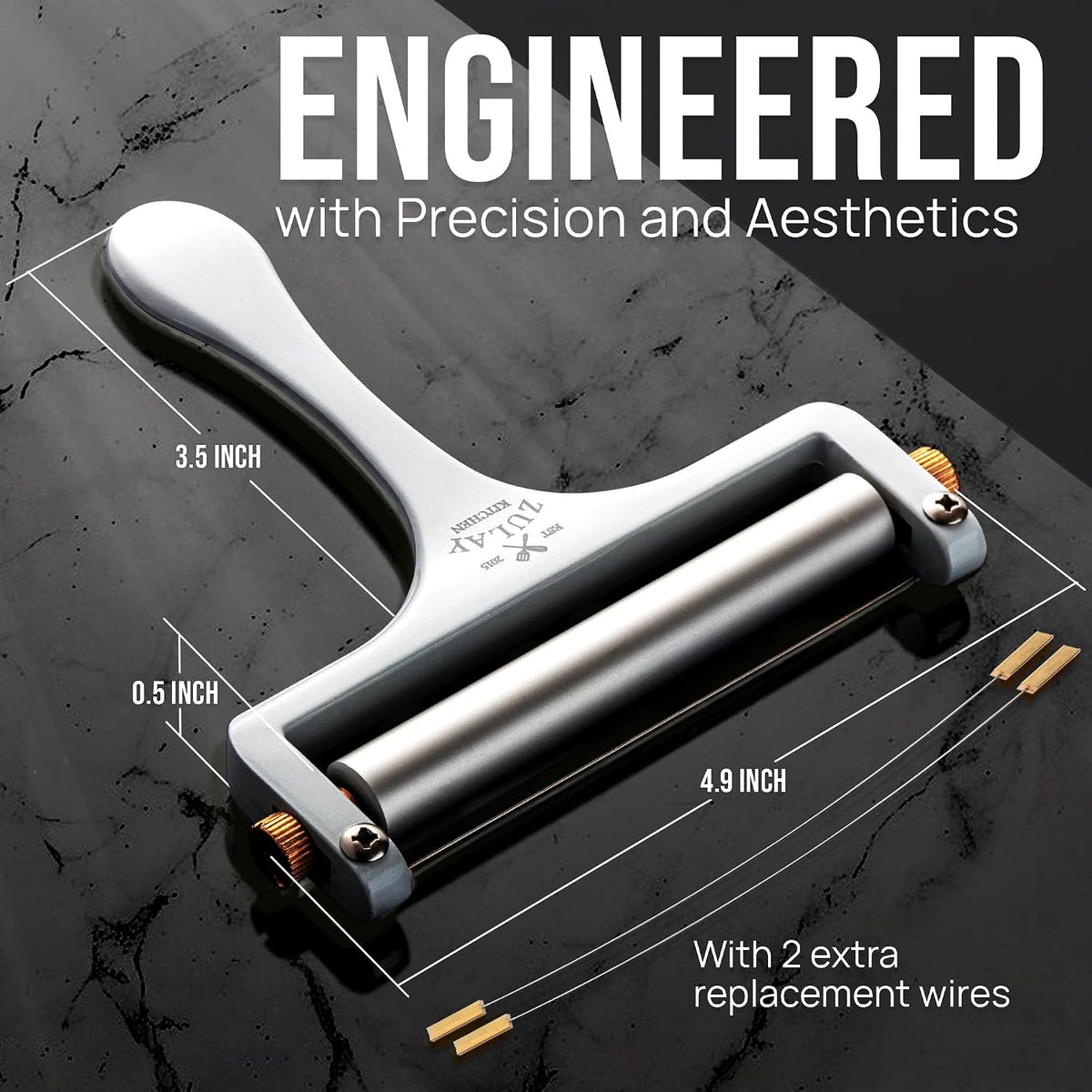 Stainless Steel Wire Cheese Slicer - Adjustable Hand Held Cheese Cutter with 2 Extra Wires - Premium Cheese Knife for Mozzarella, Cheddar, Gruyere - Cheese Cutter with Wire (Silver)